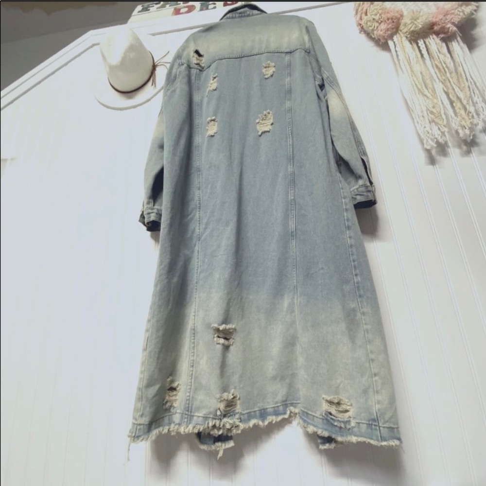 Distressed Long blue jean jacket